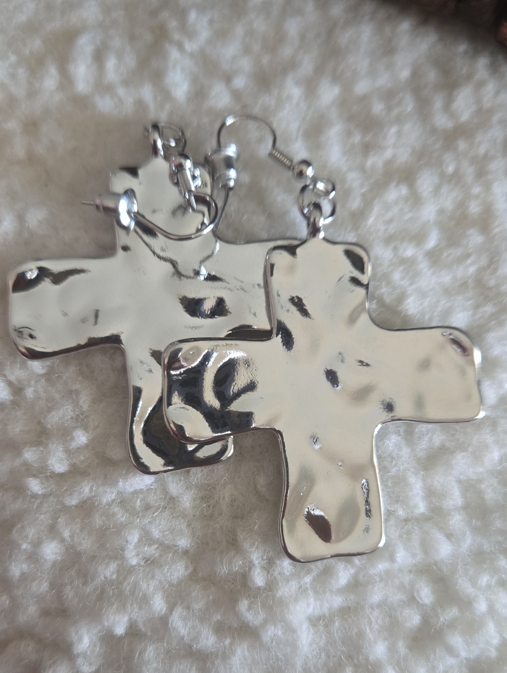 Vintage Silver Hammered Cross Drop Earrings - Women Jewelry..New